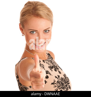 Schöne Geschäftsfrau zeigt Daumen oben isoliert auf weißem Hintergrund Stockfoto