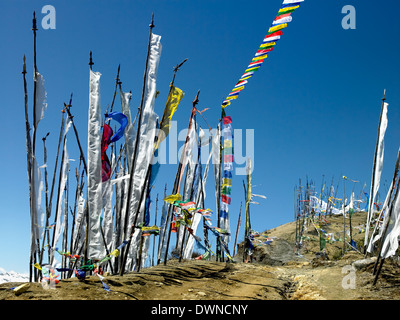 Buddhistische Gebetsfahnen auf einem Hügel hoch im Himalaya in das Königreich Bhutan. Stockfoto