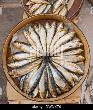 Verkauf von Fisch auf dem Bauernmarkt in Sineu, Mallorca, Balearen, Spanien Stockfoto