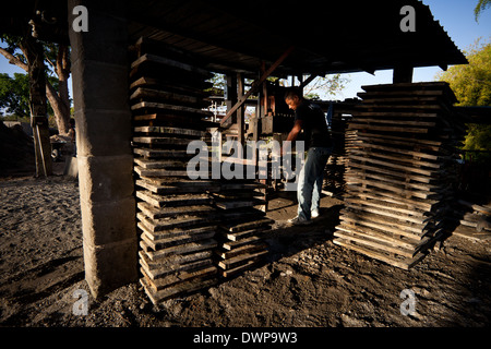 Guillermo Jaen, 51, trägt neu gepressten Betonblöcke im Werk Industrias Gordon S.A. in Penonome, Republik von Panama. Stockfoto