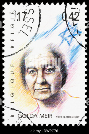 Belgien-Briefmarke mit einer Illustration von Golda Meir. Stockfoto