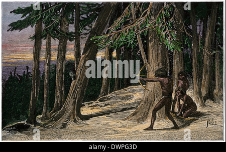 Native American Boy Bogenschießen üben in einem prä Wald. Hand - farbige Holzschnitt Stockfoto