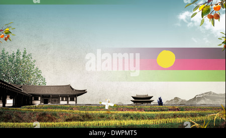 Abbildung Landschaft der traditionellen koreanischen Bereich und Gebäude Stockfoto