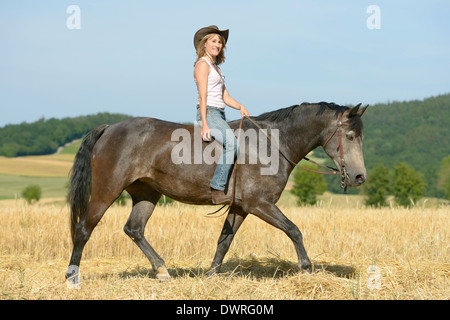 Junge Reiter ohne Sattel auf einem Connemara Pony Trab in einem Stoppelfeld Stockfoto