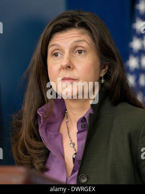 Betsey Stevenson, ein Mitglied des Rates für Wirtschaft informiert die Medien auf die Wirkung des Mindestlohns Anstiegs auf Frauen in James Brady Briefing-Room des weißen Hauses in Washington, DC auf Mittwoch, 12. März 2014. Bildnachweis: Ron Sachs/Pool über CNP Stockfoto