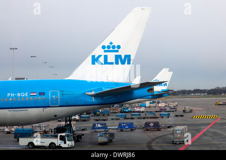 KLM Flugzeug geladen mit Containern auf einer Laderampe Schiphol Flughafen, Amsterdam, Holland, Niederlande Stockfoto