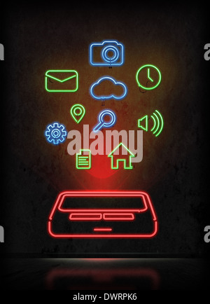 Anschauliches Bild von mobile apps auf schwarzem Hintergrund Stockfoto