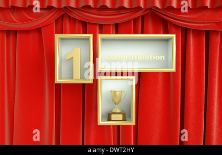 eine Trophäe und Anzahl stellte einen vor einem Vorhang Stockfoto
