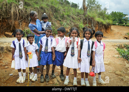 Junge Schülerinnen und Schüler in Uniform auf dem Heimweg von der Schule in einer Tee-Plantage-Gemeinschaft ordentlich gekleidet Stockfoto