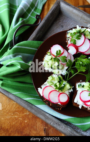 Bruschetta mit Käse und Radieschen, Essen Nahaufnahme Stockfoto