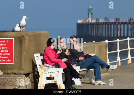 Die Menschen essen von Fisch und Chips auf Whitby Steg mit Möwen, Möwen, schwebend an der Wand. Whitby, North Yorkshire, England. Großbritannien Stockfoto