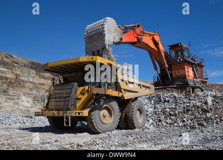 Große Hitatch Bagger laden Erz in einem Caterpillar Muldenkipper in einem afrikanischen Tagebau Kupfermine Stockfoto