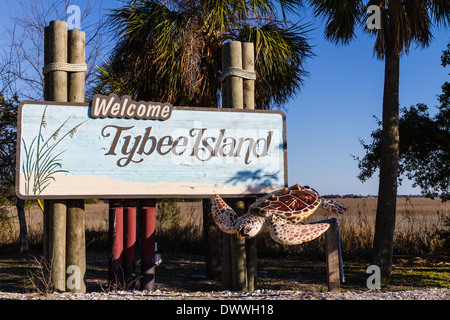 Herzlich Willkommen Sie auf Tybee Island Zeichen auf Tybee Island in Georgia. Stockfoto