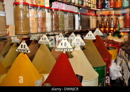 Gewürze und Kräuter zum Verkauf an Marktstand der Souk, Marrakesch, Marokko Stockfoto