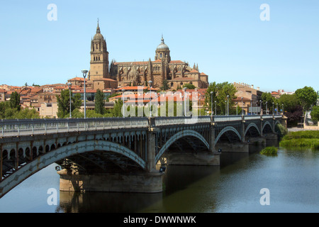 Die Kathedrale von Salamanca betrachtet aus über den Rio Tormes in der Region Castilla y Leon in Zentralspanien. Stockfoto