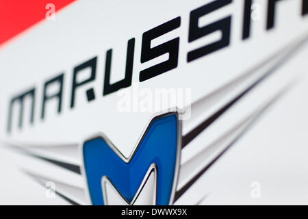 Melbourne, Victoria, Australien. 14. März 2014. 14. März 2014: Beschilderung an der Marussia F1 Team Garage die 2014 Australian Formula One Grand Prix im Albert Park in Melbourne, Australien. Sydney Low/Cal Sport Media/Alamy Live-Nachrichten Stockfoto