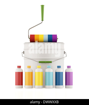 Dosen und Flaschen mit Farbe und Roller Pinsel Farbe auf weißem Hintergrund Stockfoto