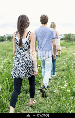 Rückansicht des jungen Freunde Wandern durch Feld Stockfoto