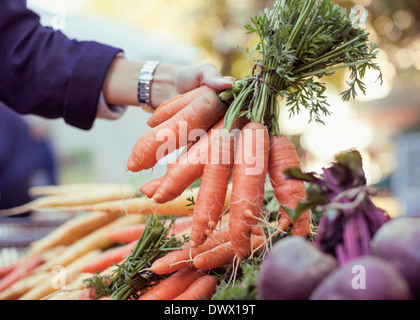 Bild der Frau Kauf Karotten am Marktstand beschnitten Stockfoto