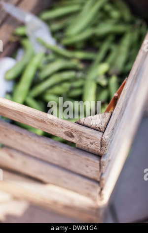 Selektiven Fokus der Holzkiste mit grünen Erbsen am Marktstand Stockfoto