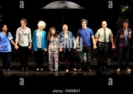 Mahira Kakkar, Peter Scanavino, Mary Beth Peil, Madeleine Martin, Mary McCann, Gareth Saxe, Jordan Lage und Stephen Tyrone Williams Öffnung Nacht Vorhang für die Atlantic Theater Company-Produktion von "Harper Regan", gehalten am Linda Gross Theater. Stockfoto