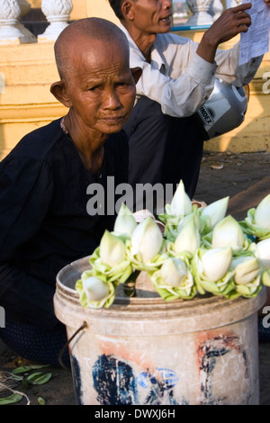 Eine ältere asiatische Frau arbeitet als Blume Kreditor nahe dem Ufer des Mekong-Flusses in Phnom Penh, Kambodscha. Stockfoto