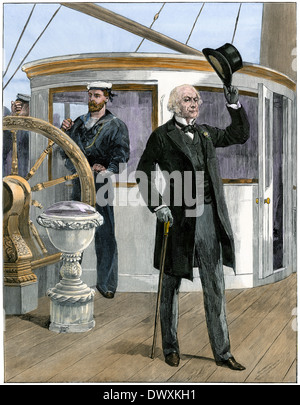 Premierminister William Ewart Gladstone an Bord der Queen Victoria Yacht "Alberta", 1892. Hand - farbige Holzschnitt Stockfoto