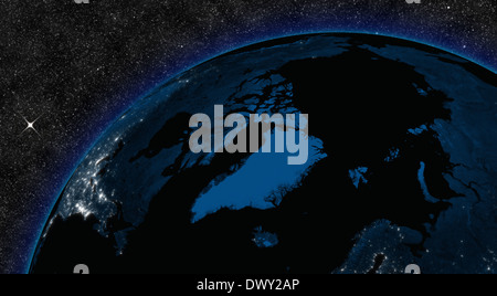 Übernachtung in Arktis mit Citylights aus dem Weltraum betrachtet. Elemente des Bildes von der NASA eingerichtet. Stockfoto