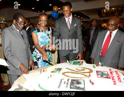 Harare, Simbabwe. 14. März 2014. Simbabwes Präsident Robert Mugabe (1., L), seine Frau Grace Mugabe (2., L) und ihrem Sohn Robert Mugabe Jr.(3rd, L) beteiligen während einer Feier für seinen 90. Geburtstag von Zivilgesellschaft in Harare, Hauptstadt von Simbabwe, 14. März 2014 organisiert. Geboren am 21. Februar 1924, ist Mugabe im Moment der ältesten Führer von ganz Afrika. Das Büro des Präsidenten, der Regierungspartei Zanu-PF und der Zivilgesellschaft haben separat drei Geburtstagsfeiern für ihn seit Februar dieses Jahres organisiert. Bildnachweis: Xinhua/Alamy Live-Nachrichten Stockfoto