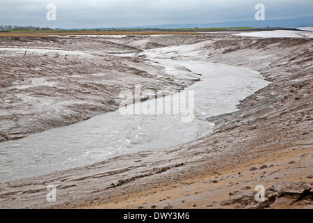 Schlammigen Kanal Fluss Brue bei Ebbe in der Nähe seiner Mündung in Burnham auf Meer, Somerset, England Stockfoto