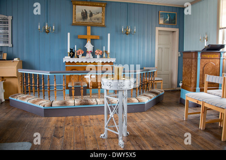 Grönland, Nuussuaq Halbinsel, Diskobucht, Qaasuitsup Gemeinde, Saqqaq (alias Sarqaq oder Solsiden). Innere der Kirche. Stockfoto