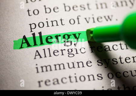 Gefälschte Wörterbuch, Definition des Wortes Allergie. Stockfoto