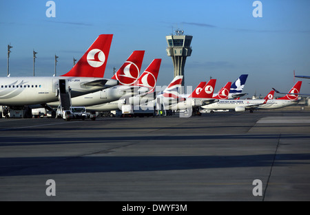 Istanbul, Türkei, Heckfluegel Maschinen der Fluggesellschaft Turkish Airlines Stockfoto