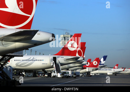 Istanbul, Türkei, Heckfluegel Maschinen der Fluggesellschaft Turkish Airlines Stockfoto