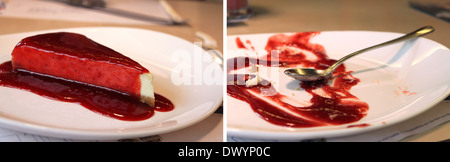 Vor und nach der Collage - Stück einen Käsekuchen Erdbeermarmelade und bedeckt einen leeren Teller nach dem Essen des Käsekuchen. Stockfoto