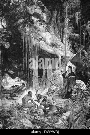 Humboldt und Bonpland am Orinoco Fluss während der Expedition im Jahre 1799-1800 nach Venezuela Stockfoto