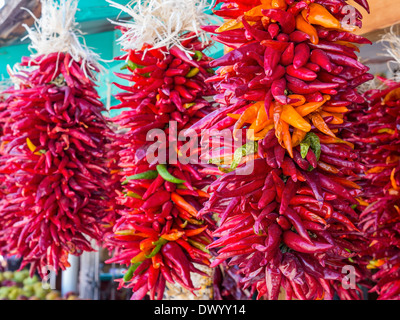 Rote Chile Ristras hängen in New Mexico, USA. Stockfoto