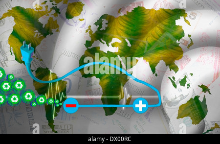 Symbol für die Elektroautos auf Weltkarte, Konzept Stockfoto