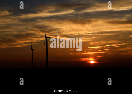 Windmühlen bei Sonnenuntergang, Gegenlicht, niemand Stockfoto