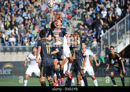 Chester, Pennsylvania, USA. 15. März 2014. Philadelphia Union AUSTIN BERRY kämpft um die Kontrolle über den Ball beim ersten Heimspiel der Saison für die Union im PPL Park in Chester Pa Kredit statt: Ricky Fitchett/ZUMAPRESS.com/Alamy Live News Stockfoto