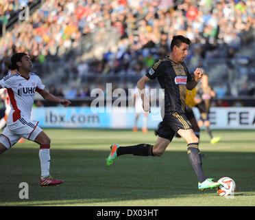 Chester, Pennsylvania, USA. 15. März 2014. Philadelphia Union ist vorwärts, SEBASTIEN LE TOUX in Aktion gegen die New England Revolution im ersten Heimspiel der Saison für die Union im PPL Park in Chester Pa Kredit statt: Ricky Fitchett/ZUMAPRESS.com/Alamy Live News Stockfoto