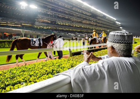Parade-Ring am Pferd Rennen treffen auf Al Meydan Racecourse in der Nacht in Dubai Vereinigte Arabische Emirate Stockfoto