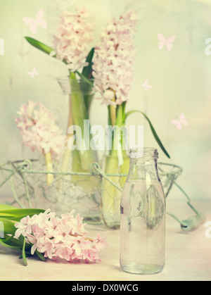 Frühling Hyazinthen mit Fokus auf Glasflasche gefüllt mit Wasser bereit, Blumen - arrangieren Vintage-Ton-Effekt hinzugefügt Stockfoto