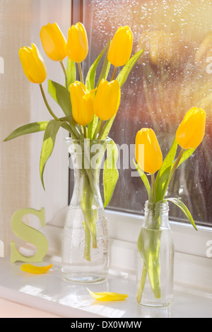 Frühlings-Tulpen in Retro-Glasflaschen mit Buchstaben S im Hintergrund Stockfoto