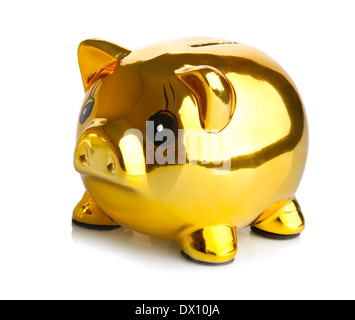 Goldene Sparschwein isoliert auf weißem Hintergrund Stockfoto