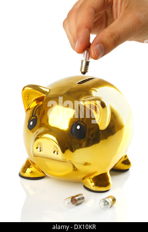 Goldene Sparschwein mit kleinen Glühbirnen auf weißem Hintergrund Stockfoto