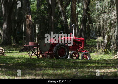 Ein McCormick Farmall International Harvester antiken Traktor Setup zum Schneiden von Holz in Leesburg, Florida USA Stockfoto