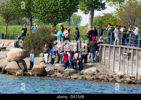 Touristen bewundern die kleine Meerjungfrau und Fotografieren in Kopenhagen Stockfoto