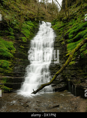 Wasser-Its-halsbrecherischen Wasserfall, Warren Woods, Radnor Wald, Wales langsam Exposition erschossen Stockfoto