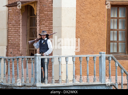 Sheriff auf Wache am Mini-Hollywood Tabernas, Provinz Almeria, Andalusien, Spanien Stockfoto